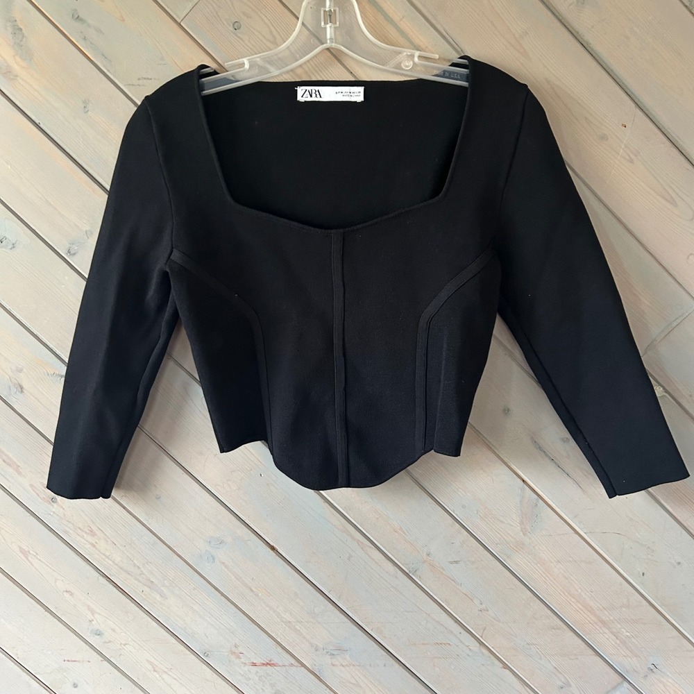 Zara Womens Black Corset Style Knit Cropped Top Sweetheart Neck Long Sleeve M
